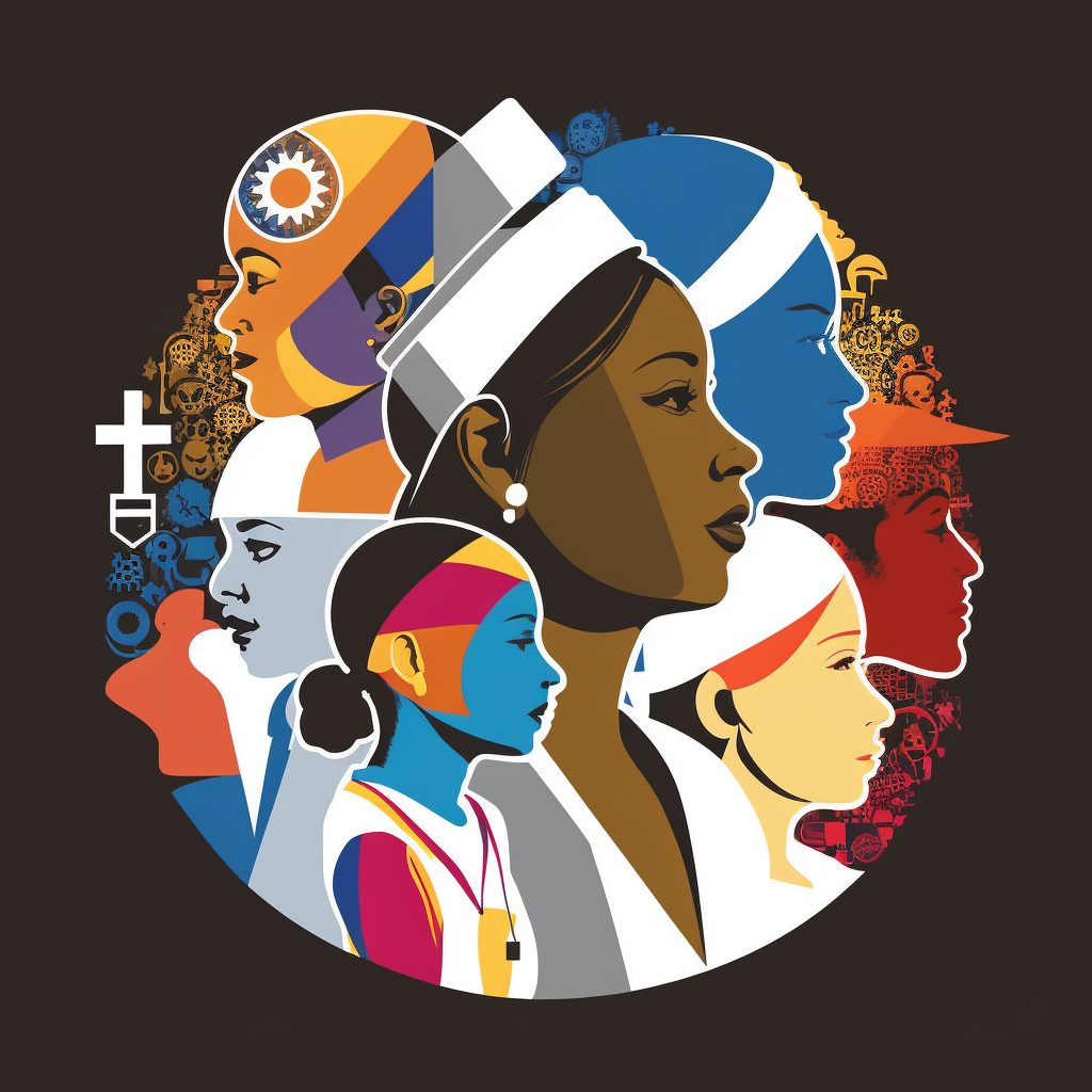 Illustration of diverse female portraits showcasing various cultural backgrounds and styles, emphasizing unity and diversity.