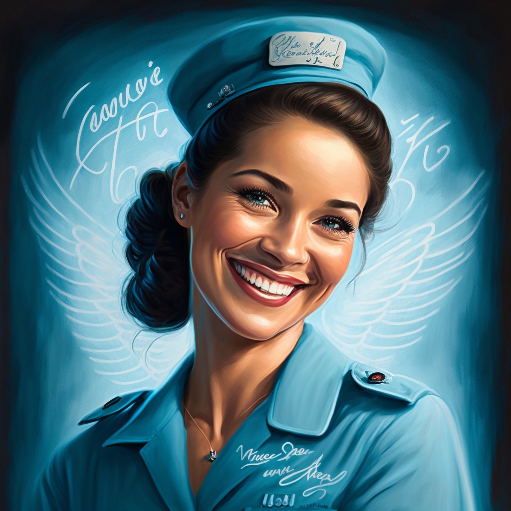Portrait of a smiling vintage airline stewardess in a blue uniform with wings, showcasing a friendly demeanor and classic style.