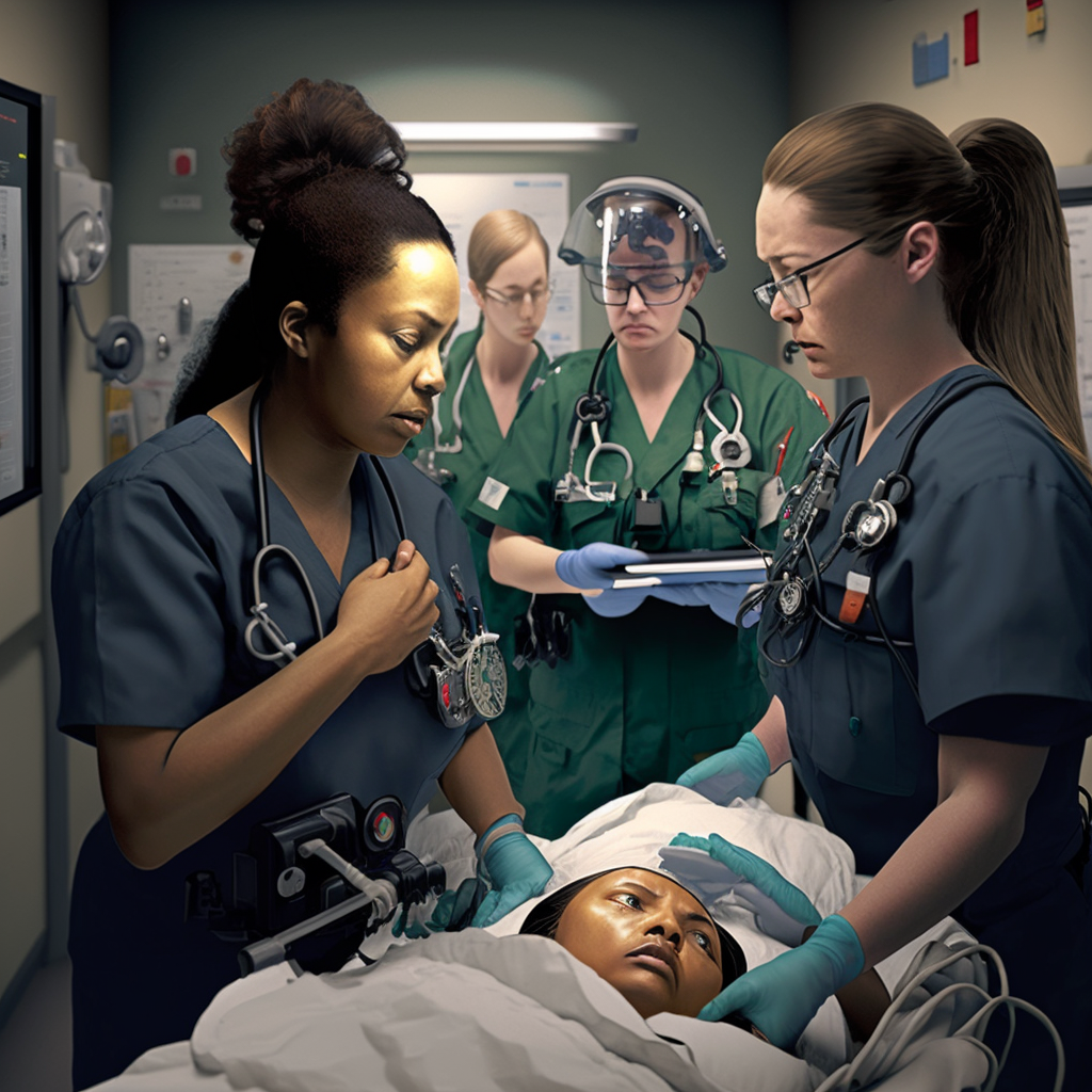 Medical professionals in scrubs attending to a patient in a hospital setting, showcasing teamwork and care in healthcare.