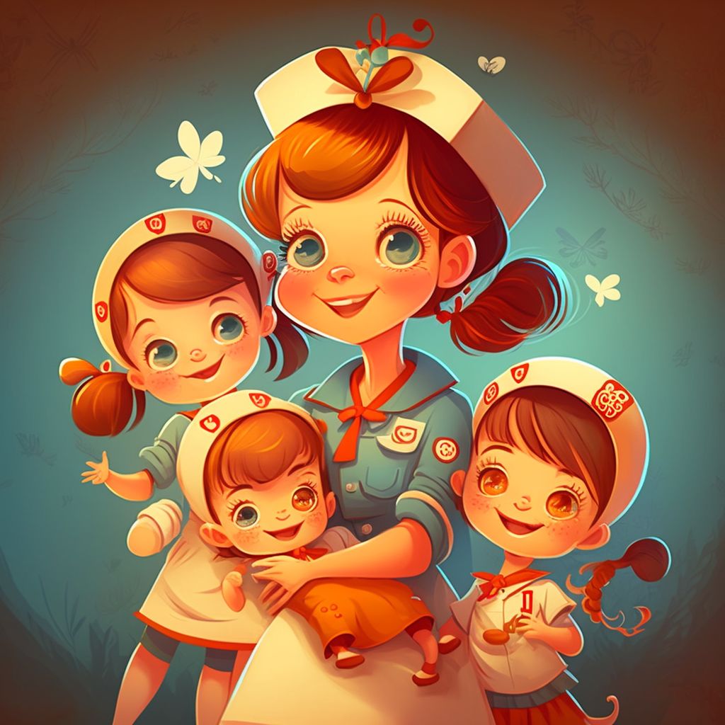 Illustration of a nurse surrounded by three children, showcasing a caring and nurturing theme with playful expressions and vibrant colors.