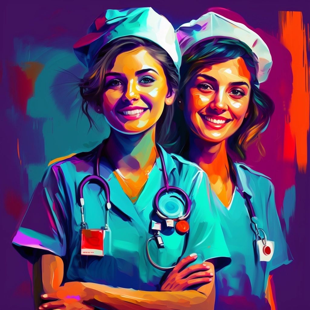 Two female healthcare professionals in scrubs with stethoscopes, smiling and posing together, showcasing teamwork and positivity in healthcare.