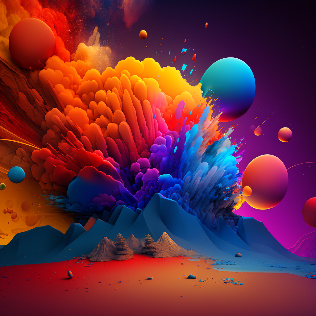 Vibrant abstract explosion with colorful clouds and floating planets in a surreal landscape.